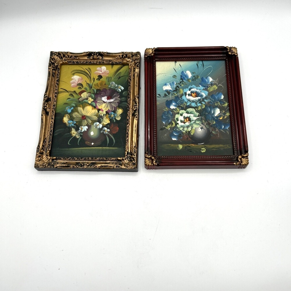 Floral Hand Accent Paintings Set  2 Small Gold Red Frames Vtg Decor Cottagecore